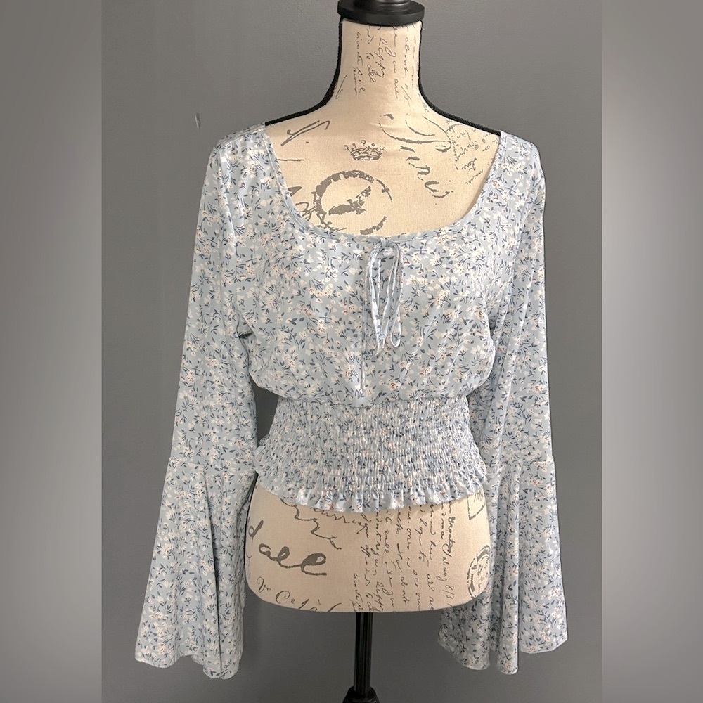 Blue Floral Smocked Crop Top